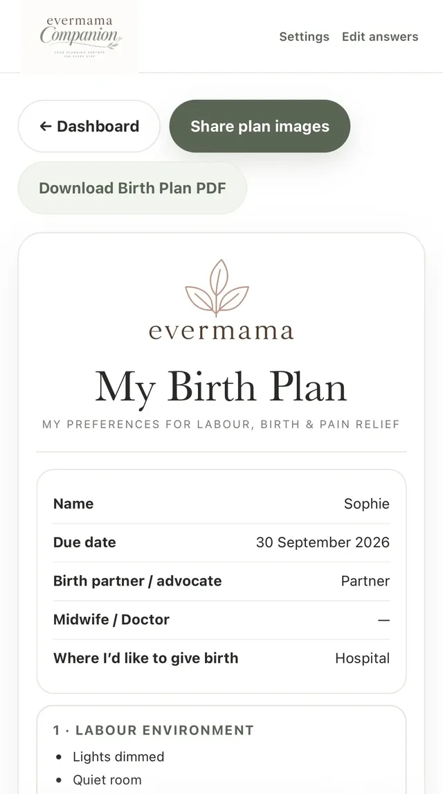 EverMama Companion birth plan and hospital checklist