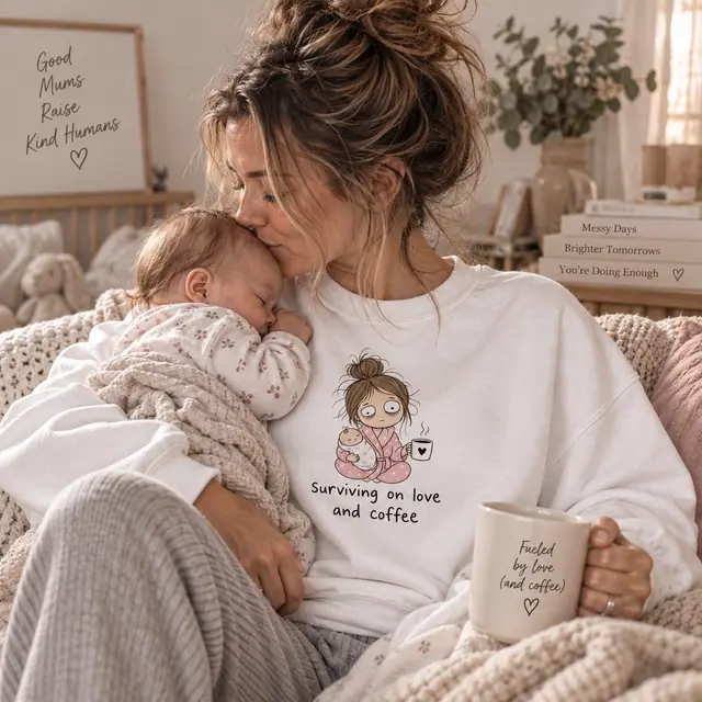 Mother holding her baby wearing an EverMama sweatshirt